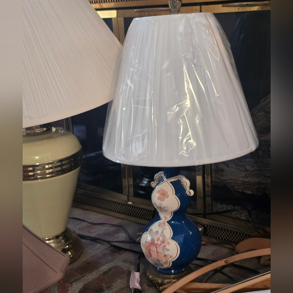 1940s Blue Floral Table Lamp with White Shade